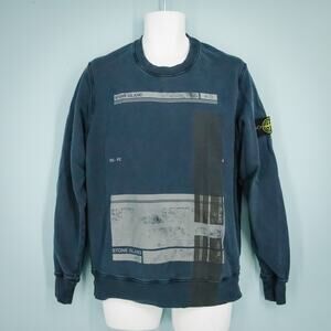 Stone Island Men's Size Large L Navy Blue Block Logo Print Crew Neck Sweatshirt
